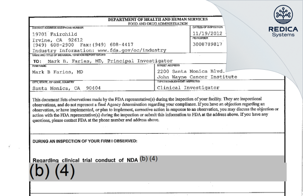 FDA 483 - Mark B Faries, MD [Santa Monica / United States of America] - Download PDF - Redica Systems