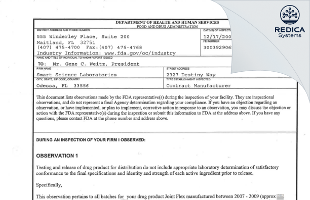 FDA 483 - SmartScience Laboratories, Inc. [Tampa / United States of America] - Download PDF - Redica Systems