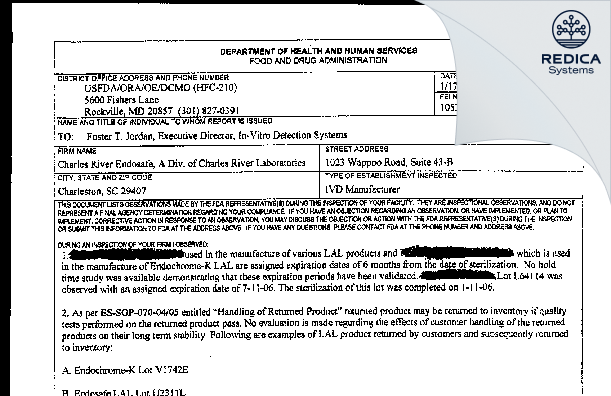 FDA 483 - Charles River Laboratories, Inc. DBA Charles River, Endosafe [Charleston / United States of America] - Download PDF - Redica Systems