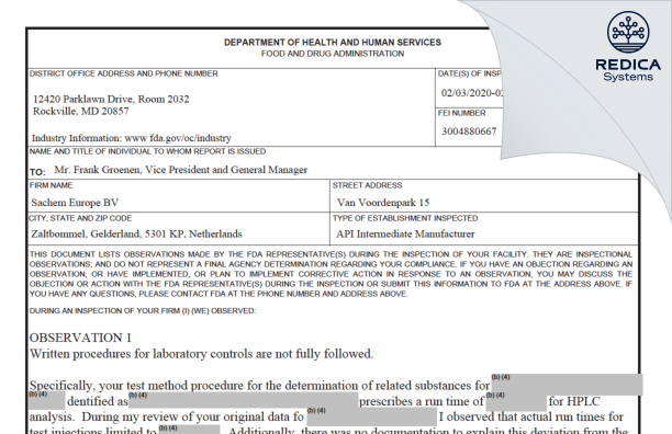 FDA 483 - Sachem Europe BV [Zaltbommel / Netherlands] - Download PDF - Redica Systems