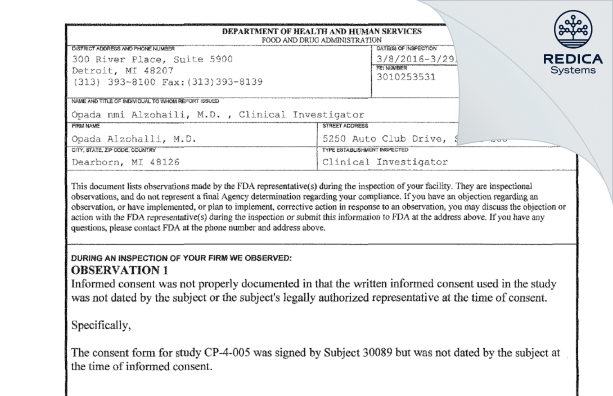 FDA 483 - Opada Alzohaili, M.D. [Dearborn / United States of America] - Download PDF - Redica Systems