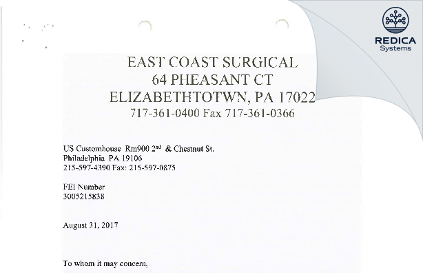 FDA 483 Response - East Coast Surgical, Inc. [Elizabethtown / United States of America] - Download PDF - Redica Systems