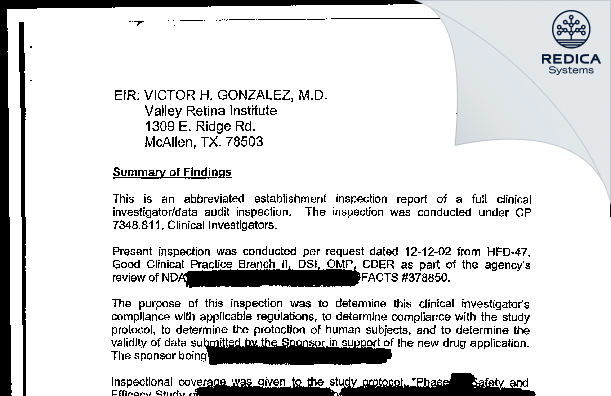 EIR - Victor Gonzalez, MD -Clinical Investigator [Mcallen / United States of America] - Download PDF - Redica Systems