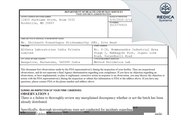 FDA 483 - Althera Laboratories India Private Limited [India / India] - Download PDF - Redica Systems