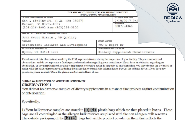 FDA 483 - Capstone Nutrition, LLC [Ogden / United States of America] - Download PDF - Redica Systems