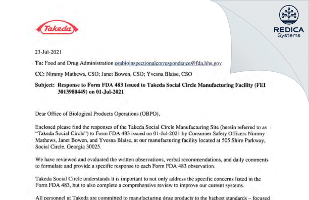 FDA 483 Response - Baxalta US Inc. [Social Circle Georgia / United States of America] - Download PDF - Redica Systems