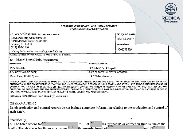FDA 483 - Proandre SL [Granollers / Spain] - Download PDF - Redica Systems