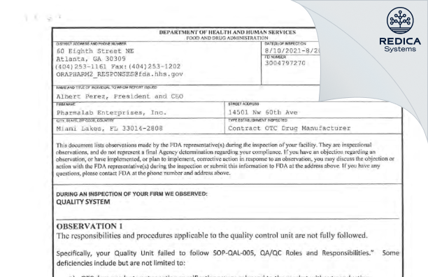 FDA 483 - Pharmalab Enterprises, Inc. [Florida / United States of America] - Download PDF - Redica Systems