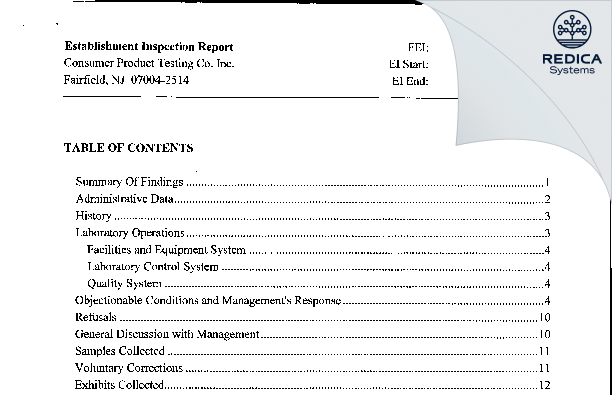 EIR - Consumer Product Testing Company, Inc [Fairfield / United States of America] - Download PDF - Redica Systems