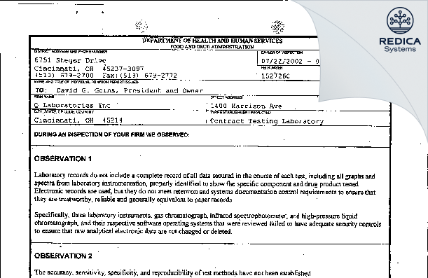 FDA 483 - Q Labs, LLC [Cincinnati Ohio / United States of America] - Download PDF - Redica Systems