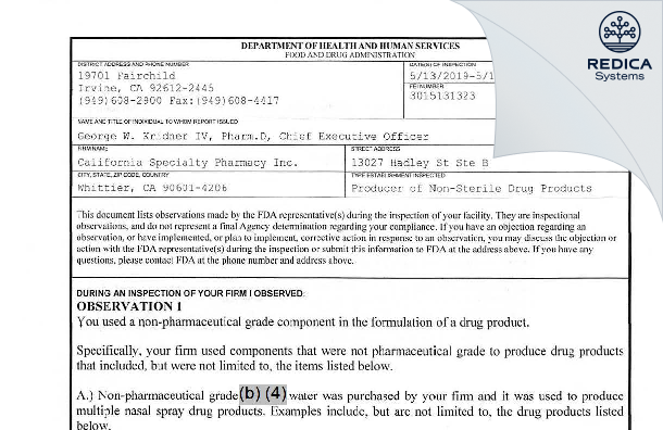FDA 483 - California Specialty Pharmacy Inc. [Whittier / United States of America] - Download PDF - Redica Systems