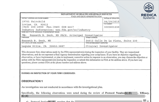 FDA 483 - Kenneth B. Deck, MD [Laguna Hills / United States of America] - Download PDF - Redica Systems
