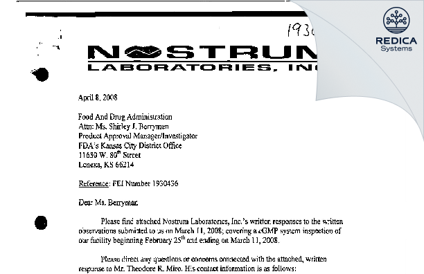FDA 483 Response - Nostrum Laboratories, Inc. [Kansas City / United States of America] - Download PDF - Redica Systems
