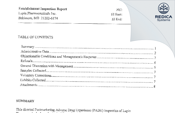 EIR - Lupin Pharmaceuticals Inc. [Baltimore / United States of America] - Download PDF - Redica Systems