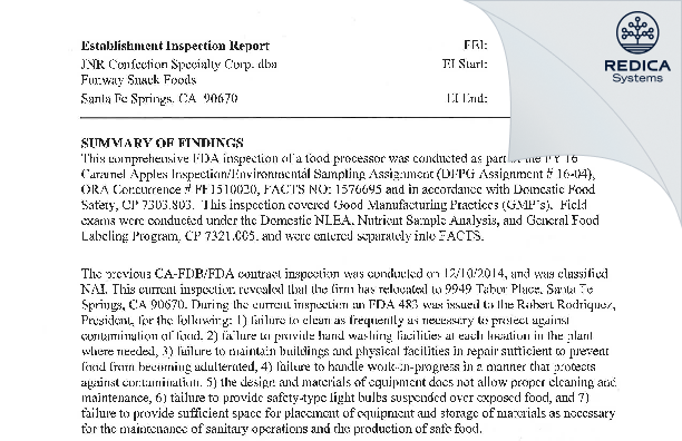 EIR - JNR Confection Specialty Corp. dba Funway Snack Foods [Santa Fe Springs / United States of America] - Download PDF - Redica Systems
