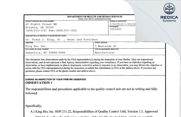 FDA 483 - King Bio Inc. [Asheville / United States of America] - Download PDF - Redica Systems