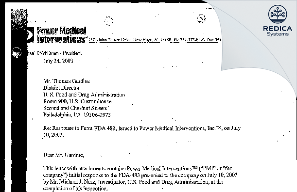 FDA 483 Response - Power Medical Interventions, Inc [Langhorne / United States of America] - Download PDF - Redica Systems