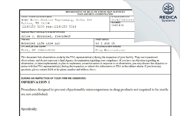 FDA 483 - McDaniel Life-Line LLC [Felt / United States of America] - Download PDF - Redica Systems