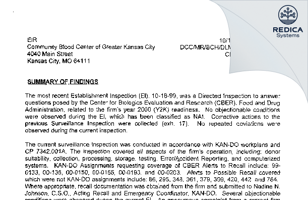 EIR - Community Blood Center Of Gtr Kansas City, An Operating Division of New York Blood Center, Inc. [Kansas City / United States of America] - Download PDF - Redica Systems