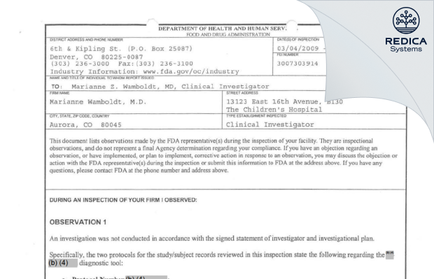 FDA 483 - Marianne Wamboldt, M.D. [Aurora / United States of America] - Download PDF - Redica Systems
