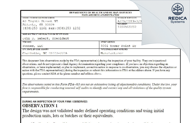 FDA 483 - Sunnex, LLC [Charlotte / United States of America] - Download PDF - Redica Systems