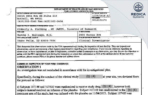 FDA 483 - Martha I. Buitrago, M.D. [Idaho Falls / United States of America] - Download PDF - Redica Systems
