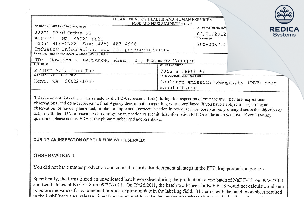 FDA 483 - PETNET SOLUTIONS, INC. [Kent / United States of America] - Download PDF - Redica Systems