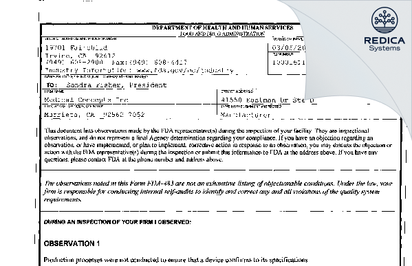 FDA 483 - Medical Concepts Inc [Murrieta / United States of America] - Download PDF - Redica Systems