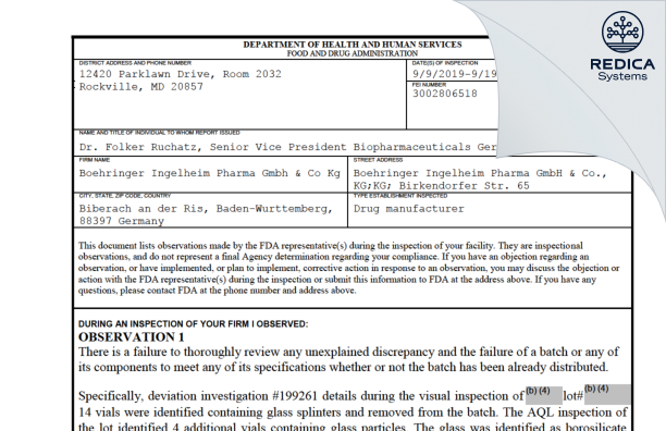 FDA 483 - Boehringer Ingelheim Pharma GmbH and Co. KG [Biberach An Der Riss / Germany] - Download PDF - Redica Systems