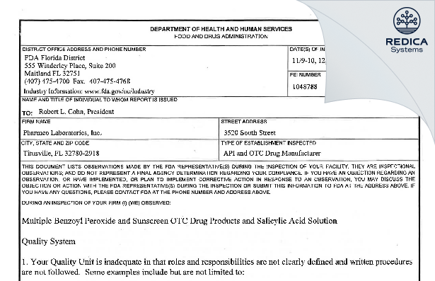 FDA 483 - Pharmco Laboratories Inc. [Titusville / United States of America] - Download PDF - Redica Systems