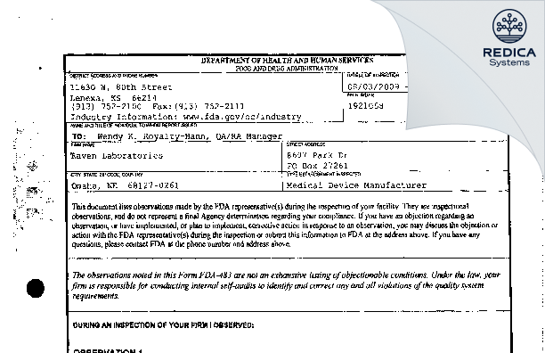 FDA 483 - Mesa Laboratories Inc [Omaha / United States of America] - Download PDF - Redica Systems