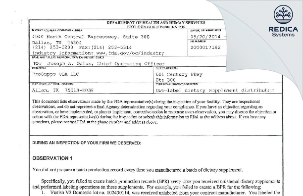 FDA 483 - PSupps Holdings, LLC [Plano / United States of America] - Download PDF - Redica Systems