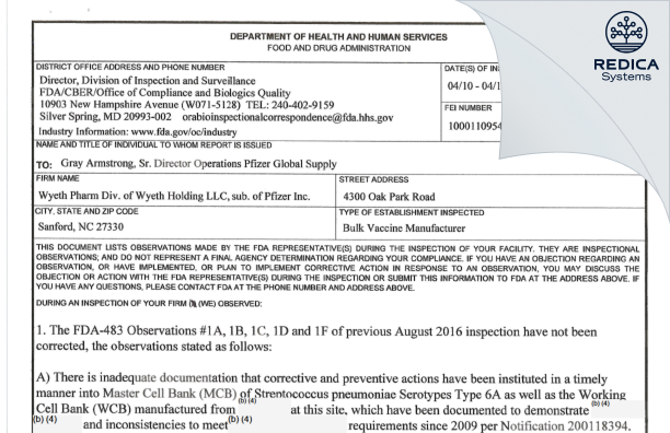 FDA 483 - Wyeth Pharmaceutical Division of Wyeth Holdings LLC [Sanford / United States of America] - Download PDF - Redica Systems