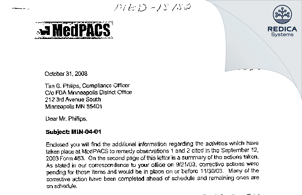 FDA 483 Response - Medpacs Displays, Inc [Hartland / United States of America] - Download PDF - Redica Systems