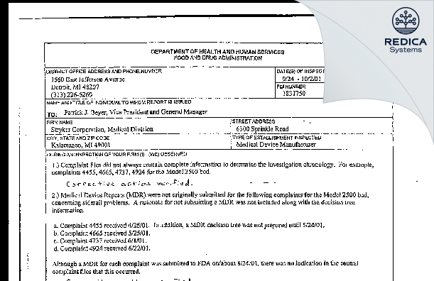 FDA 483 - Stryker Medical Division of Stryker Corporation [Portage / United States of America] - Download PDF - Redica Systems