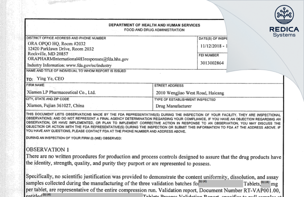FDA 483 - Xiamen LP Pharmaceutical Co., Ltd. [China / China] - Download PDF - Redica Systems