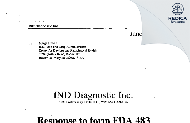 FDA 483 Response - IND Diagnostic Inc. [Delta / Canada] - Download PDF - Redica Systems