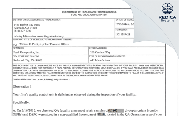 FDA 483 - AstraZeneca Pharmaceuticals LP [Redwood City / United States of America] - Download PDF - Redica Systems
