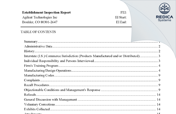 EIR - Agilent Technologies, Inc. [Boulder / United States of America] - Download PDF - Redica Systems