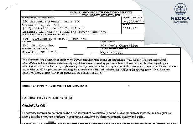 FDA 483 - IKI Mfg Co., Inc [Edgerton / United States of America] - Download PDF - Redica Systems