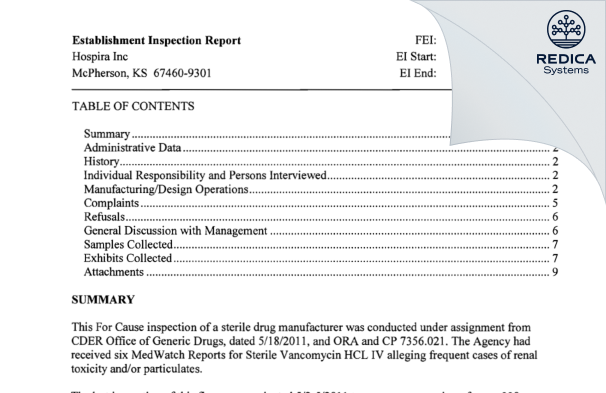 EIR - Hospira, Inc. [Mcpherson / United States of America] - Download PDF - Redica Systems