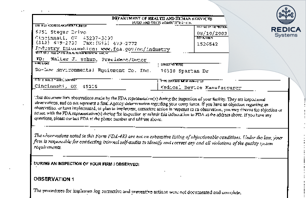 FDA 483 - So-Low Environmental Equipment Co. Inc. [Cincinnati / United States of America] - Download PDF - Redica Systems
