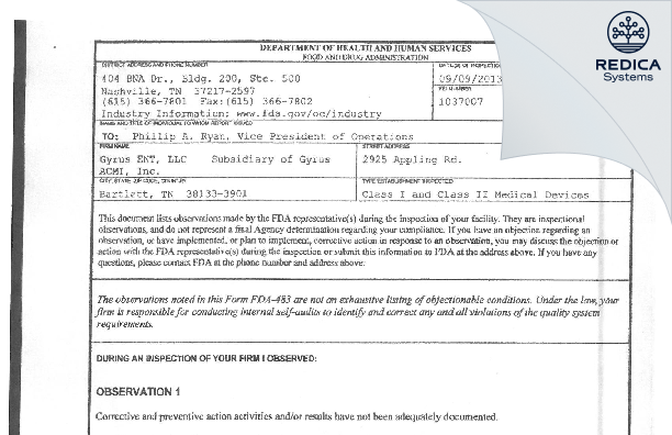 FDA 483 - Gyrus ACMI, Inc. [Bartlett / United States of America] - Download PDF - Redica Systems