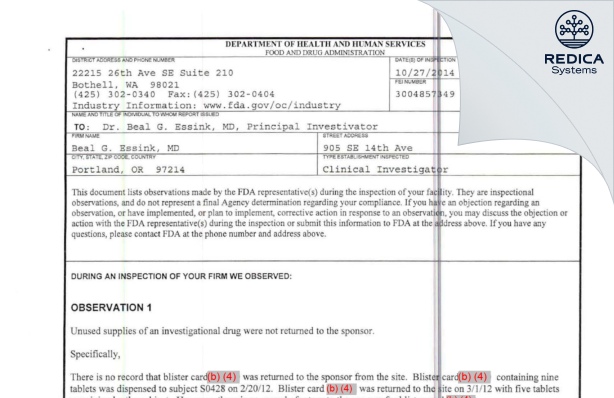 FDA 483 - Beal G. Essink, MD [Portland / United States of America] - Download PDF - Redica Systems