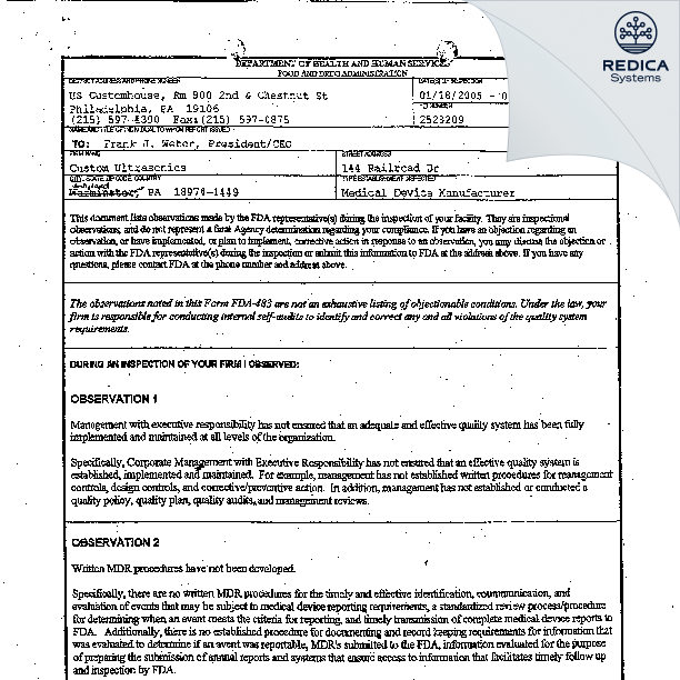 FDA 483 - Custom Ultrasonics, Inc. [Ivyland / United States of America] - Download PDF - Redica Systems