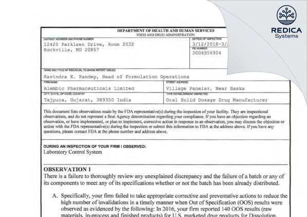 FDA 483 - Alembic Pharmaceuticals Limited [India / India] - Download PDF - Redica Systems
