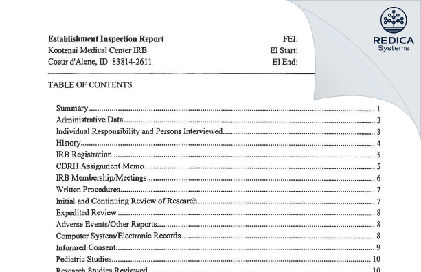 EIR - Kootenai Medical Center IRB [Coeur D Alene / United States of America] - Download PDF - Redica Systems