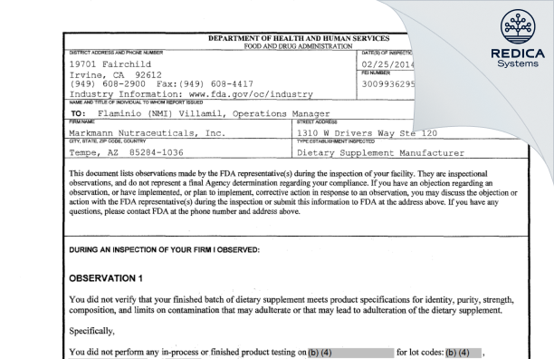 FDA 483 - Markmann Nutraceuticals, Inc. [Tempe / United States of America] - Download PDF - Redica Systems