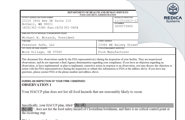 FDA 483 - Pressure Safe, LLC [Wood Village / United States of America] - Download PDF - Redica Systems