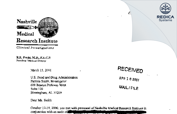 FDA 483 Response - Ronald E Pruitt, MD [Nashville / United States of America] - Download PDF - Redica Systems